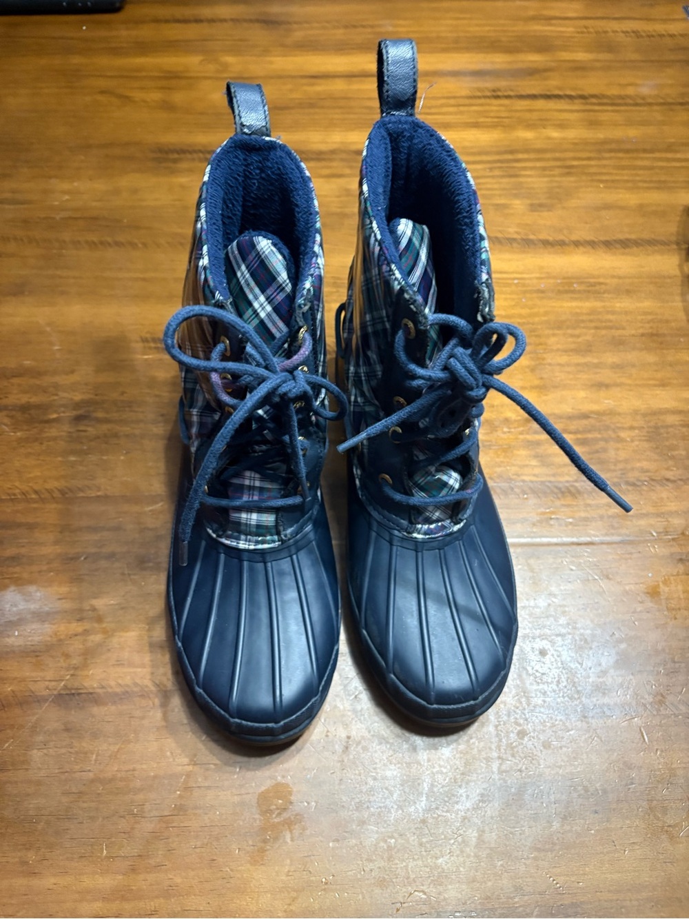 Women's Sperry Navy Plaid Waterproof Lace-Up Rain Boots - 7